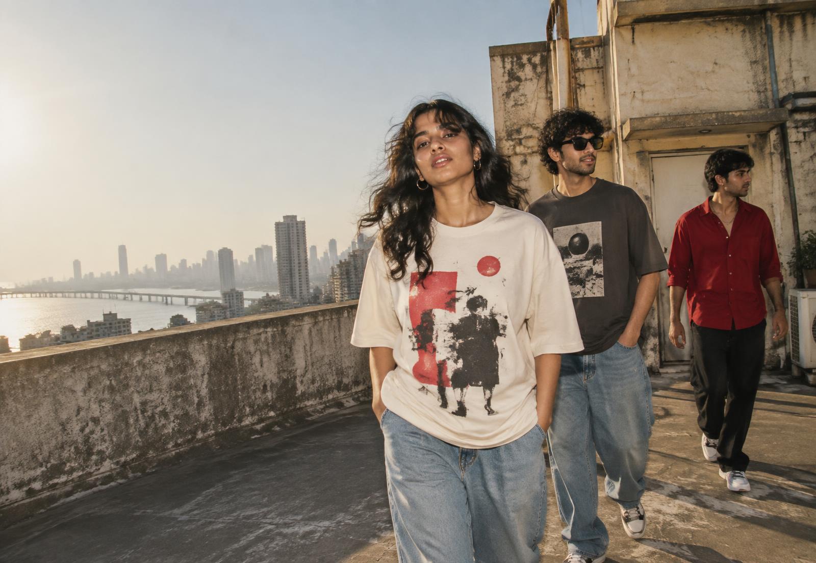 Three young friends styling graphic tees on a city rooftop